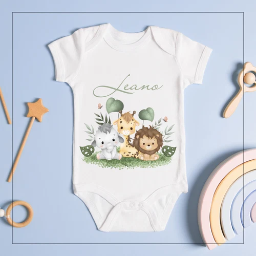 Baby Body Jungle Tiere – personalisiert mit Namen – Geschenk zur Geburt oder Tau