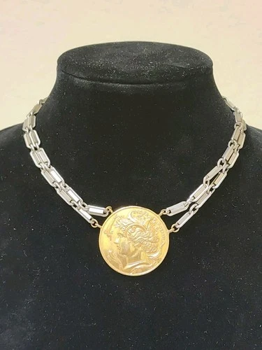 Vintage Miriam Haskell Signed Roman Coin Medallion Necklace Gold Tone Greek...