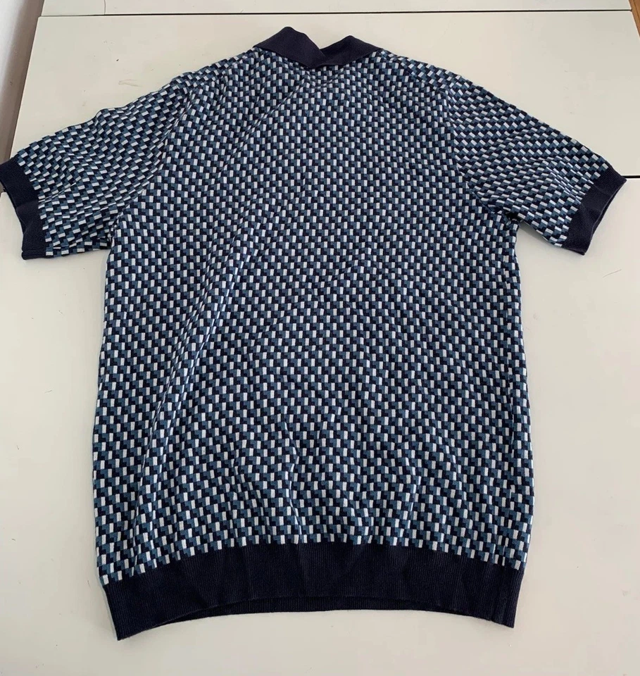 Camisa Polo Thomas Sterling Grande Azul Tejido Geométrico Retro Preppy Golf Informal Foto 2 de 4