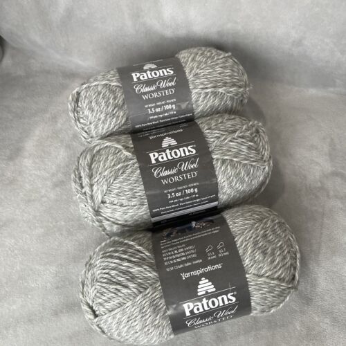 Patons Classic 100% Pure New Wool Yarn 3 Skeins Color Light Gray Marl 4 Worsted