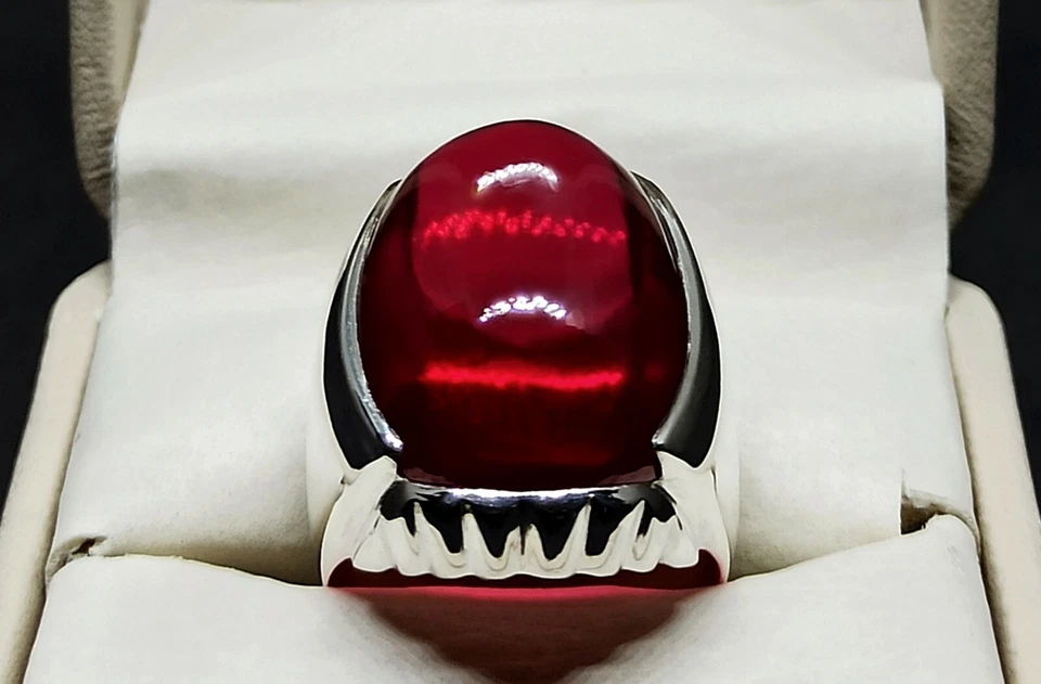Cabochon Big Pigeon Red Ruby Sterling Silver 925 Handmade Mens Plain Heavy Ring - Image 3 of 4