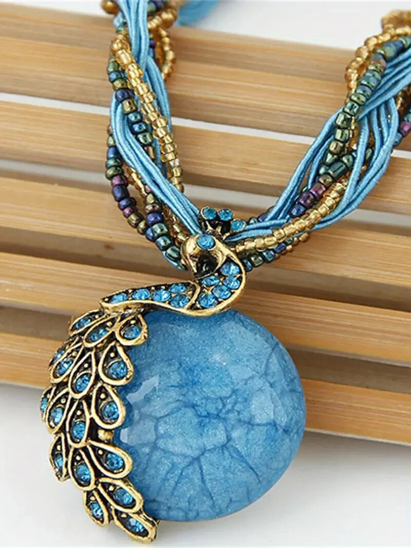 Bohemian Ethnic Style Retro Blue Peacock Gemstone Pendant Necklace For  Women New