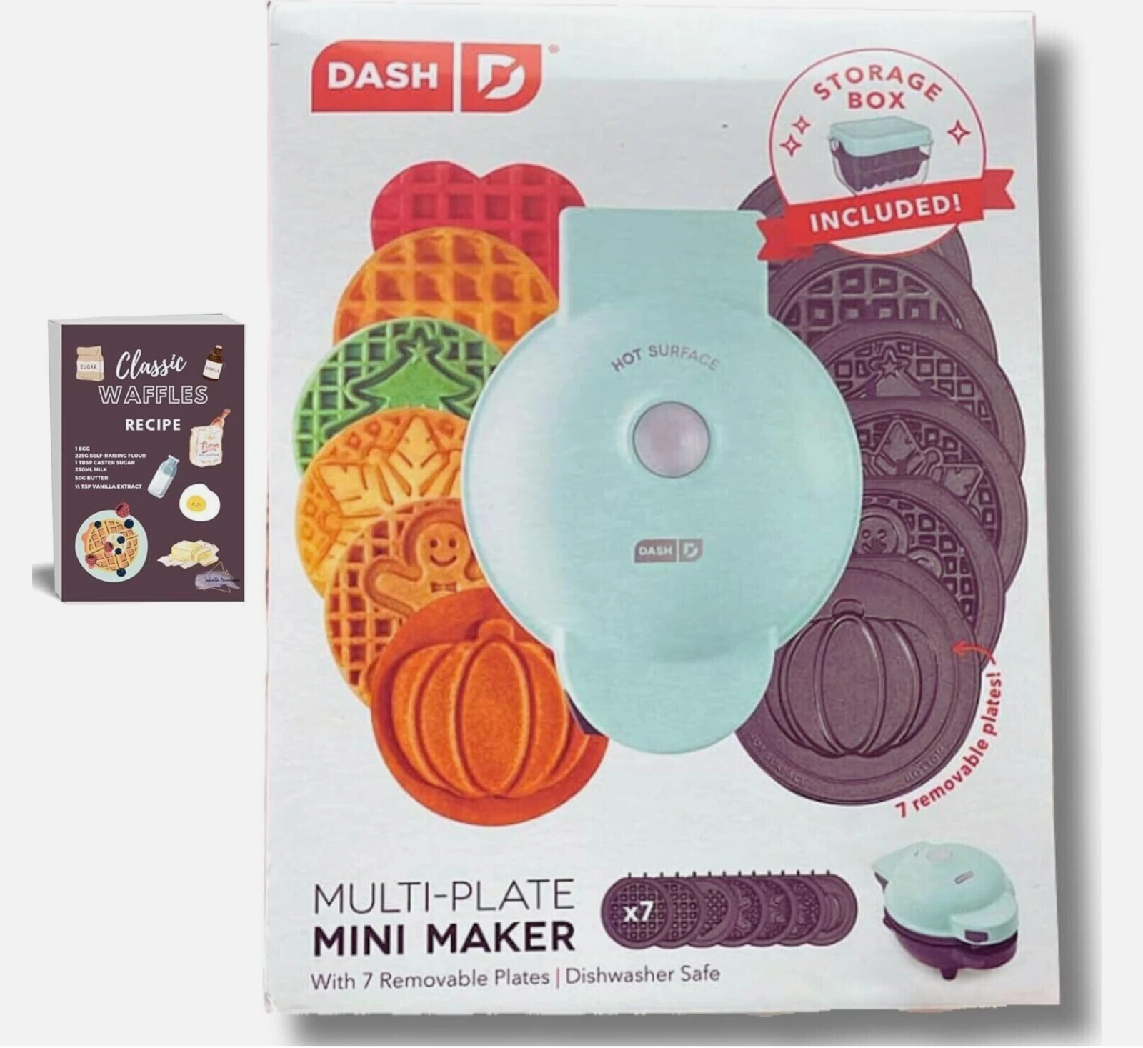 DASH MULTI-PLATE MINI WAFFLE MAKER W/7 INTERCHANGEABLE PLATES. HOLIDAY. NEW OPEN