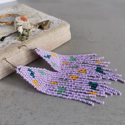 Long seed beaded fringe dangling earrings Abstract painting jewelry Gift - Picture 5 of 6