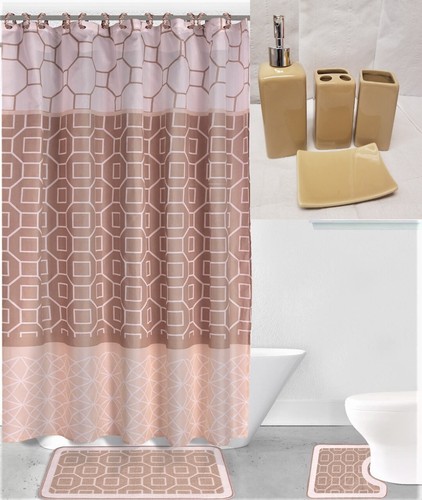 NEW 19PC Bathroom Bath Rugs Mats and Shower Curtain Set With Ceramic Accessories - Picture 10 of 19