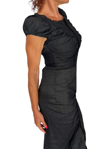 NINA RICCI Black mini dot ruched linen cap sleeve lace sheath dress 36 2/4 - Picture 7 of 14