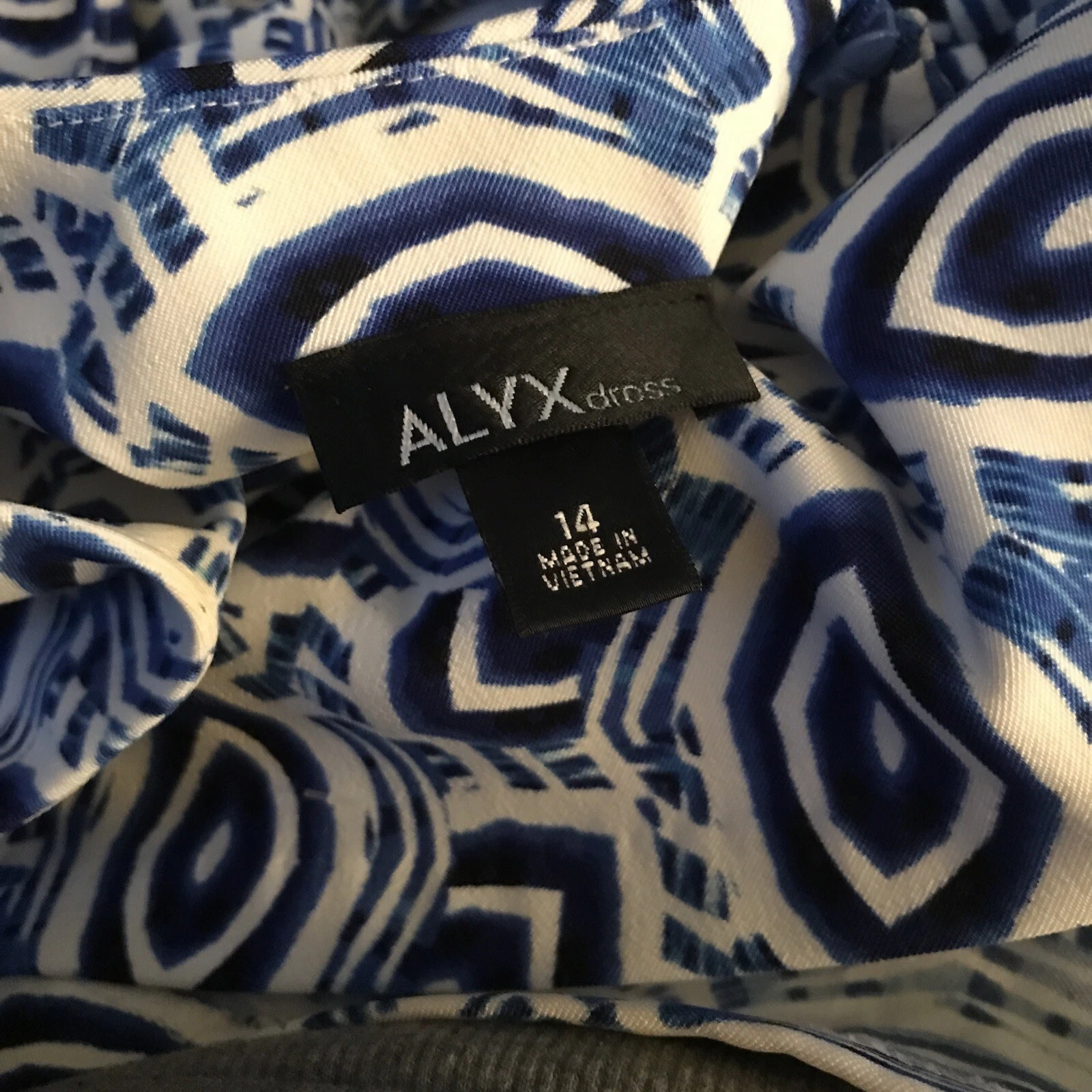 Alyx Vestito Tubino Blu Bianco Geometrico Zip Schiena Poliestere Spandex Tg 14 G2