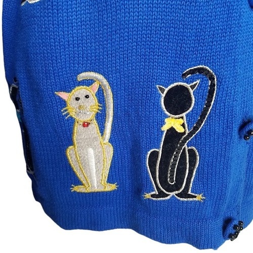 VTG Berek Blue Cardigan Sweater Size L Cat Appliques Black Chenille Collar/Wrist - Picture 10 of 12