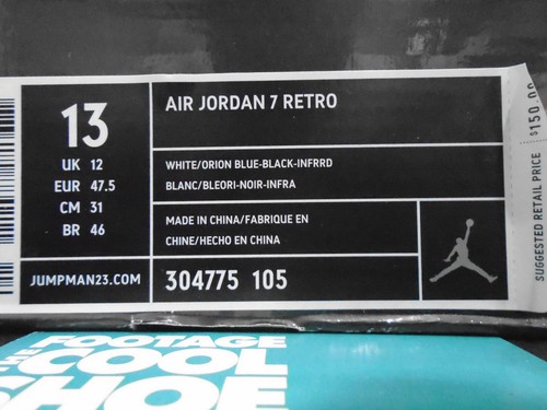 NIKE AIR JORDAN VII 7 RETRO WHITE ORION BLUE BLACK INFRARED RED 304775-105 DS 13 - Picture 13 of 13
