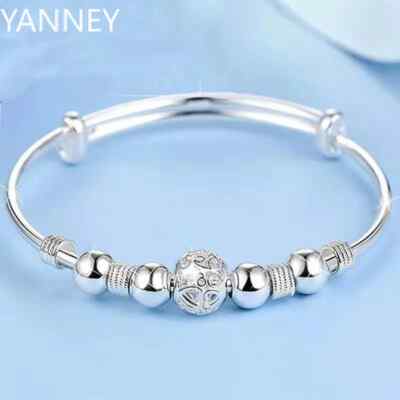 Pulsera de plata de ley 925 con cuentas de la suerte para mujer, brazalete