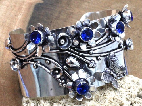 925 Sterling Silver Sapphire Gemstone Handmade Jewelry Cuff Bracelet Size-ADJ - Picture 2 of 6