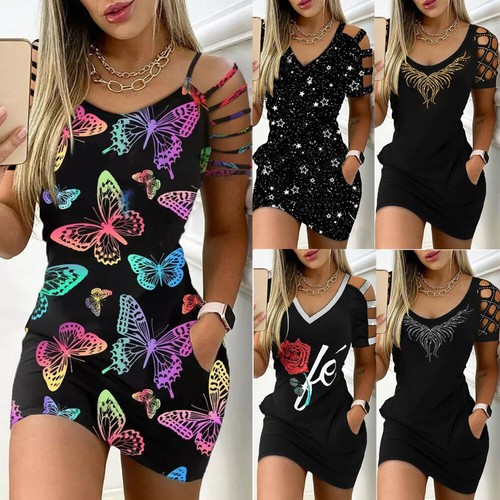 ⭐⭐⭐⭐⭐Women Cold Shoulder Bodycon Mini Dress Sexy Party Club Summer Short Dress - Bild 6 von 19