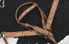 Western Saddle Horse Leather Tack Set w/ Sunflower Design Bridle  Breast Collar