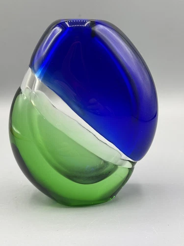 Vintage Murano Art Glass Vase Blue and Green Polished Bottom 5.5"