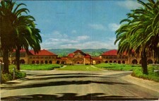 Stanford 1964 Linen Postcard: Main Quad Memorial Church & Baseball Pennant