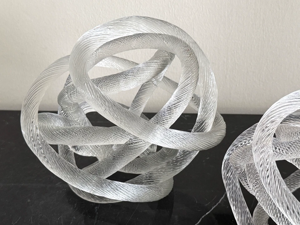 Murano After Zanetti Pair of Clear Twisted Ribbed Rope Knot Art Glass Sculptures - Image 2 of 4
