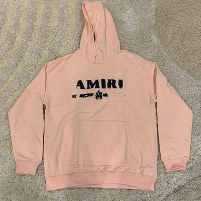 Amiri Logo Distressed Patch Cotton Hoodie in Pink
