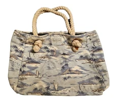 Lucky Brand Canvas Tote Bag Island Print Leather Trim Rope Handles Boho Tropical
