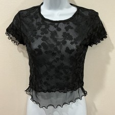 Black Sheer Lace Top Floral Embroidered Whimsigoth Fairy Grunge Romantic Goth S