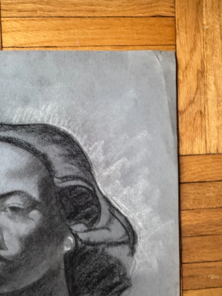 Vintage 1940's Young Black Woman Portrait Charcoal Drawing George Malick OOAK - Image 4 of 4