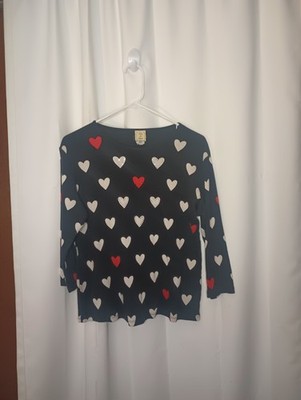 Jess & Jane Womens Heart Print Top Large Cotton Rhinestone Whimsical Love 