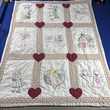 Unique White Hearts Hand-embroidered Baby Quilt 39x30 One-of-a-kind Teacher