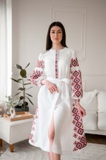 Ukrainian Embroidered Women's White Linen Midi Dress Mosaic Vyshyvanka Belt