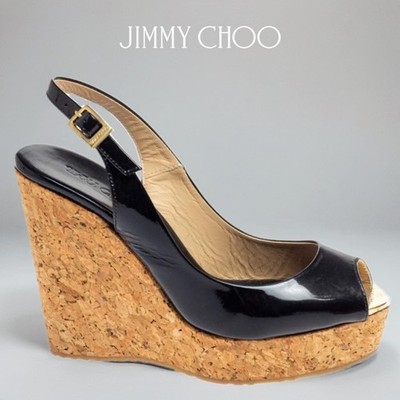 Jimmy Choo Prova Black Patent Leather Cork Wedge Slingback, Women s 7.5 (38)