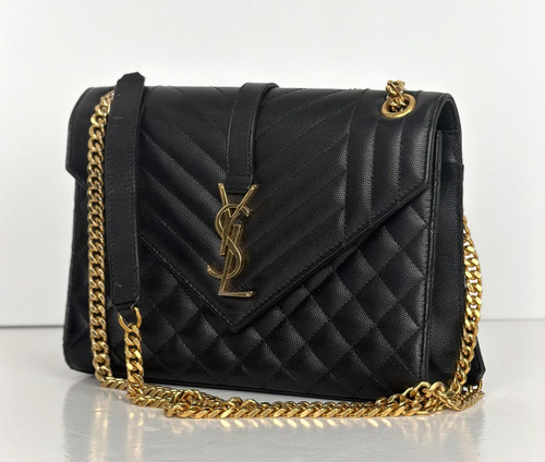 Saint Laurent Envelope Medium in Black Quilted Grain Poudre Embossed Leather S20