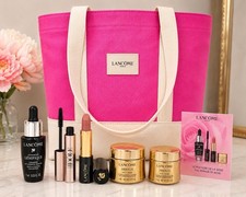 Lanc me Pink Canvas Tote Makeup Skincare Gift Bundle New