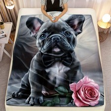 1pc Dog with Rose Blanket-Lightweight Flannel Home Furnishings Bedding Blanket