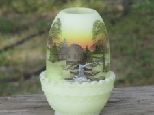 Fenton Custard Uranium Glass Fairy Lamp Hand Painted Cabin Watermill UV Glow Vtg