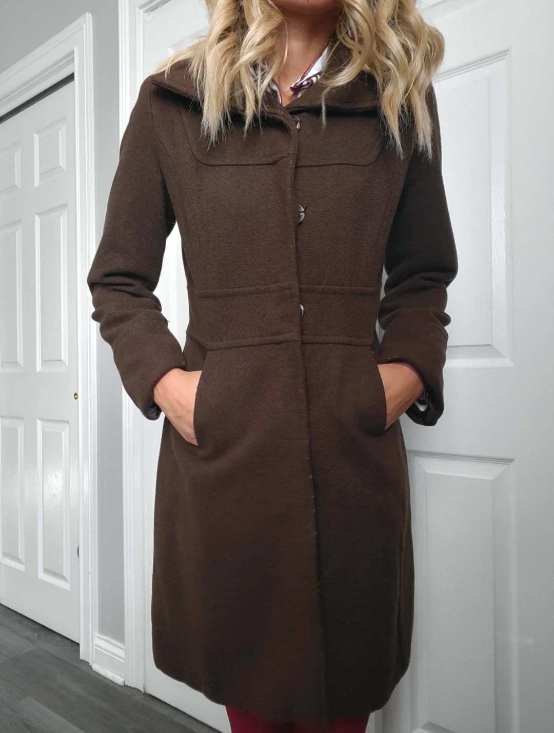 Mossimo Brown Mid-Length Overcoat Button Collared… - image 2