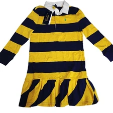 Ralph Lauren Kids Size 5 Rugby Dress Yellow Navy Stripe Polo Player Logo NWT