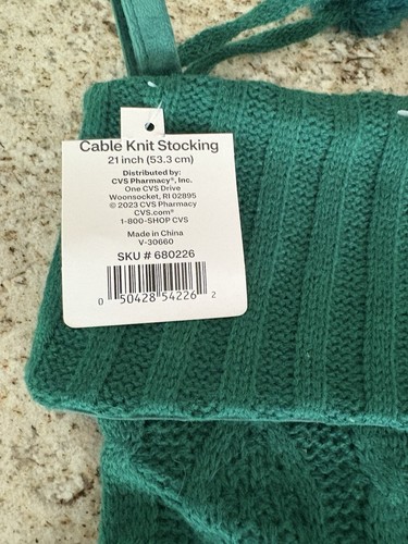 Merry Brite Cable Knit Christmas Stocking 21" Green New - Picture 3 of 3