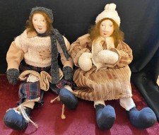 Pair Handmade Cloth/Rag Dolls w Hand Stitched Facial Features Wire in Legs/Arms