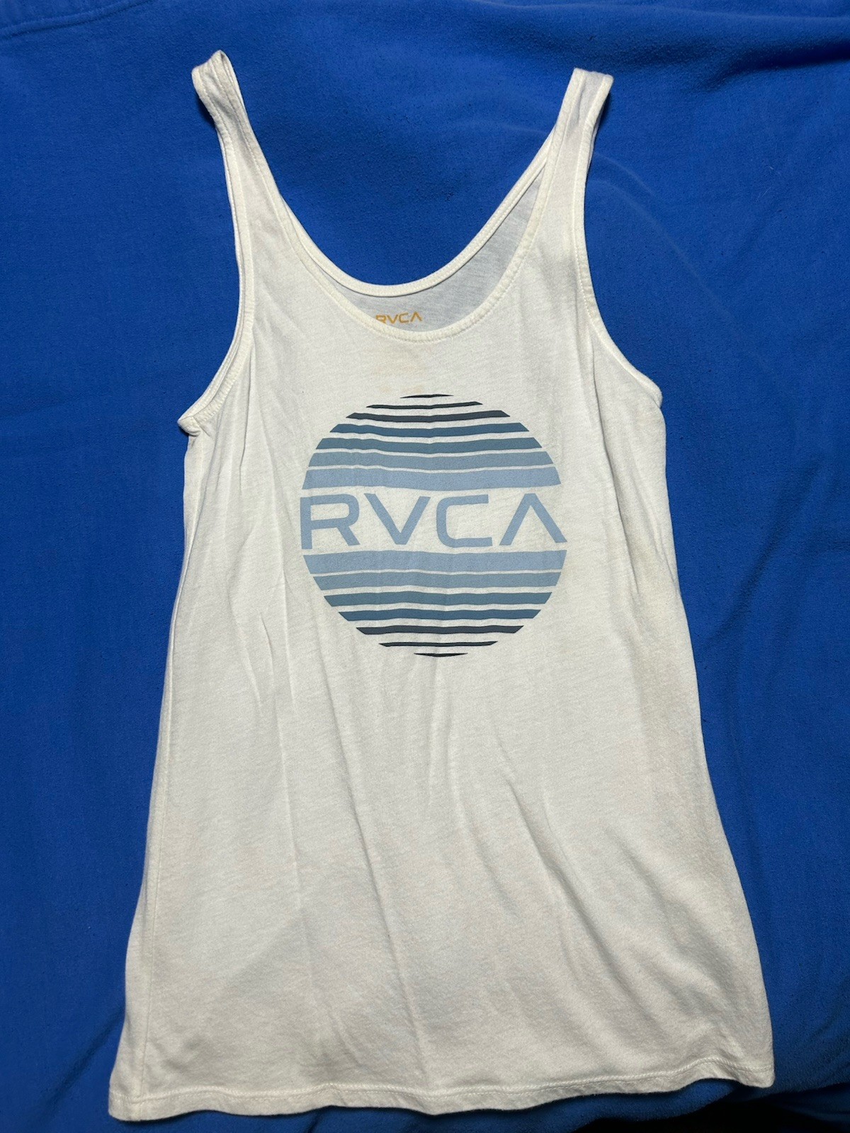Women’s Small RVCA The Balance of Opposites White & Blue Logo Tank Top