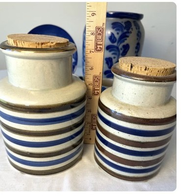 Vtg Asahi Ceramic Pottery 2 Piece Canister Set Blue Brown Stripe Speckled Japan