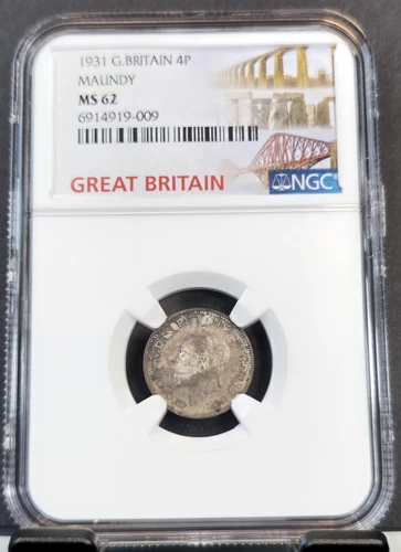 1931 GREAT BRITAIN SILVER 4 PENCE GEORGE V MAUNDY NGC MS 62 SCARCE COIN