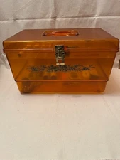 Vintage 1960s Translucent Amber Orange Plastic Sewing Box w/ Tray Handle Notions