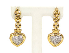 14K Gold & Heart Diamond Earrings, 1-1/2''long