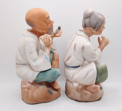 Vintage Made In Japan Asian Old Couple Sitting Man & Woman Figurine Pair 1970s - Picture 5 of 11