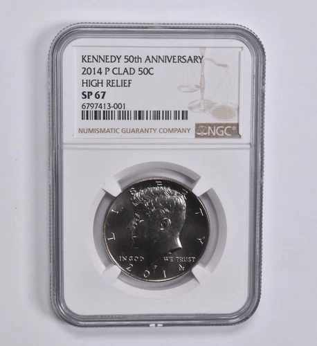 SP67 High Relief 2014-P CLAD Kennedy Half Dollar 50th Anniversary NGC Brown Lbl