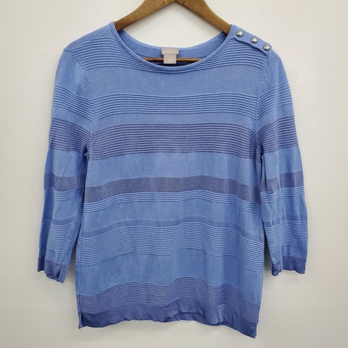 Leichter Stretchpullover Damen M blau gestreift Strick Knopfleiste Schulter - Bild 3 von 14