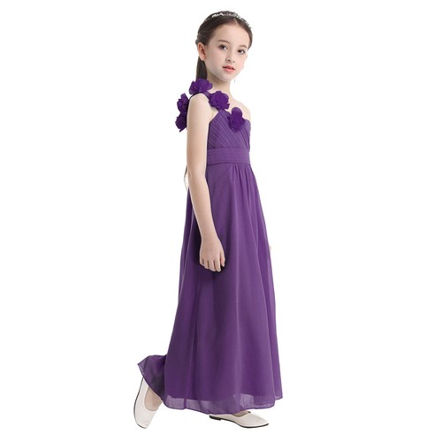 Flower Girl Long Dress One-shoulder Princess Maxi Wedding Bridesmaid Formal Gown - Picture 5 of 59