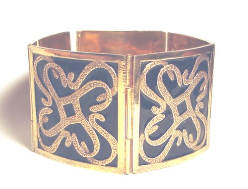 PULSERA DE PLACA DE 1 3/8" DE ESMALTE NEGRO DE LEY/Vermeil étnico artesano - Imagen 3 de 4