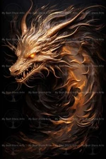 SURREAL FANTASY DRAGON FINE ART PRINT, Golden Dragon Wall Art, Home Decor Poster