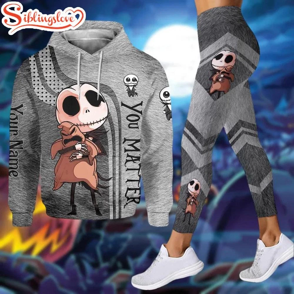 Custom Name Cute Jack Skellington Hoodie Legging Set, Disney Nightmare Before 3D Hoodie Legging Set