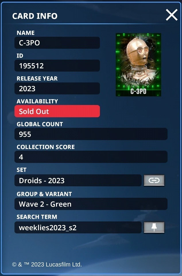 Topps Star Wars Card Trader 2023 Droids C-3PO Super Rare Digital Card - Image 3 of 3