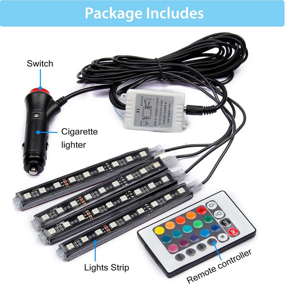 Tira de luces de neón para atmósfera interior de automóvil 4 piezas 9 LED inalámbrico IR control remoto Foto 3 de 4